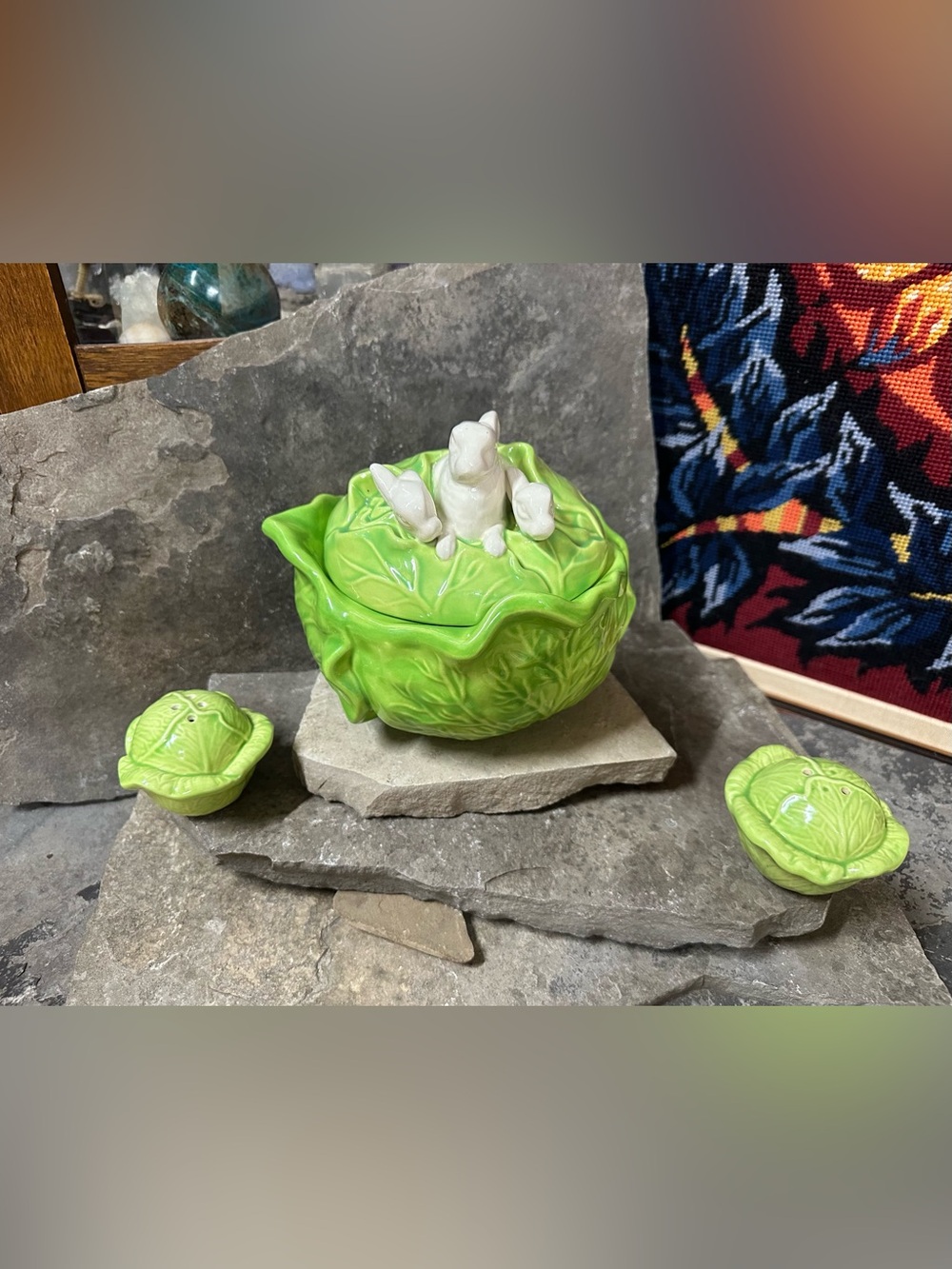 Ceramic Cabbage with White Rabbits 🐇 Tureen with Lid & Marching Shakers